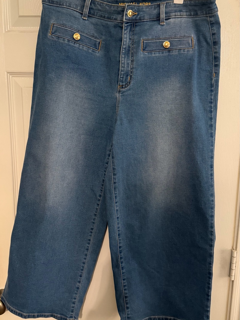 Michael Kors Medium Blue Cropped Wide-Leg Jeans with Gold Buttons